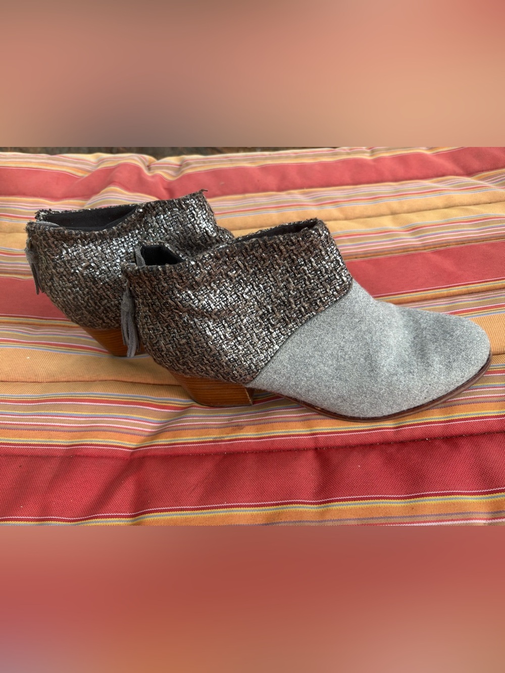 Toms Gray Tweed Mixed-Material Ankle Booties